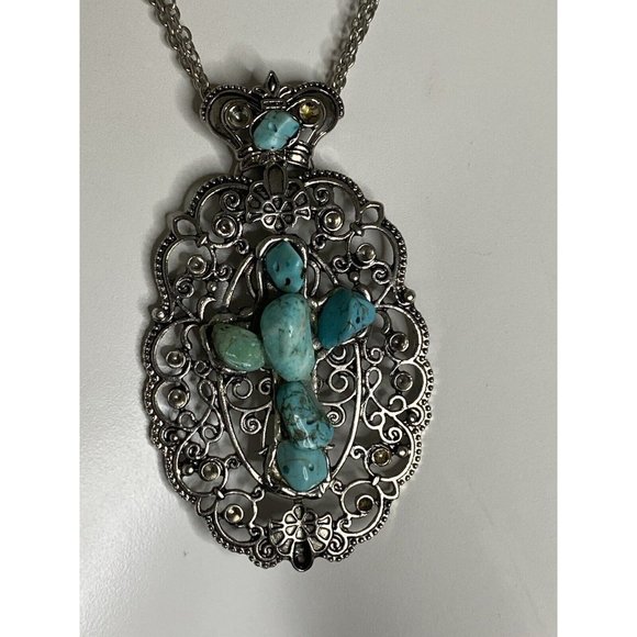 Silvertone Large Oval Cross Shaped Faux Turquoise Stone 16” Necklace Pendant Box - Picture 4 of 16